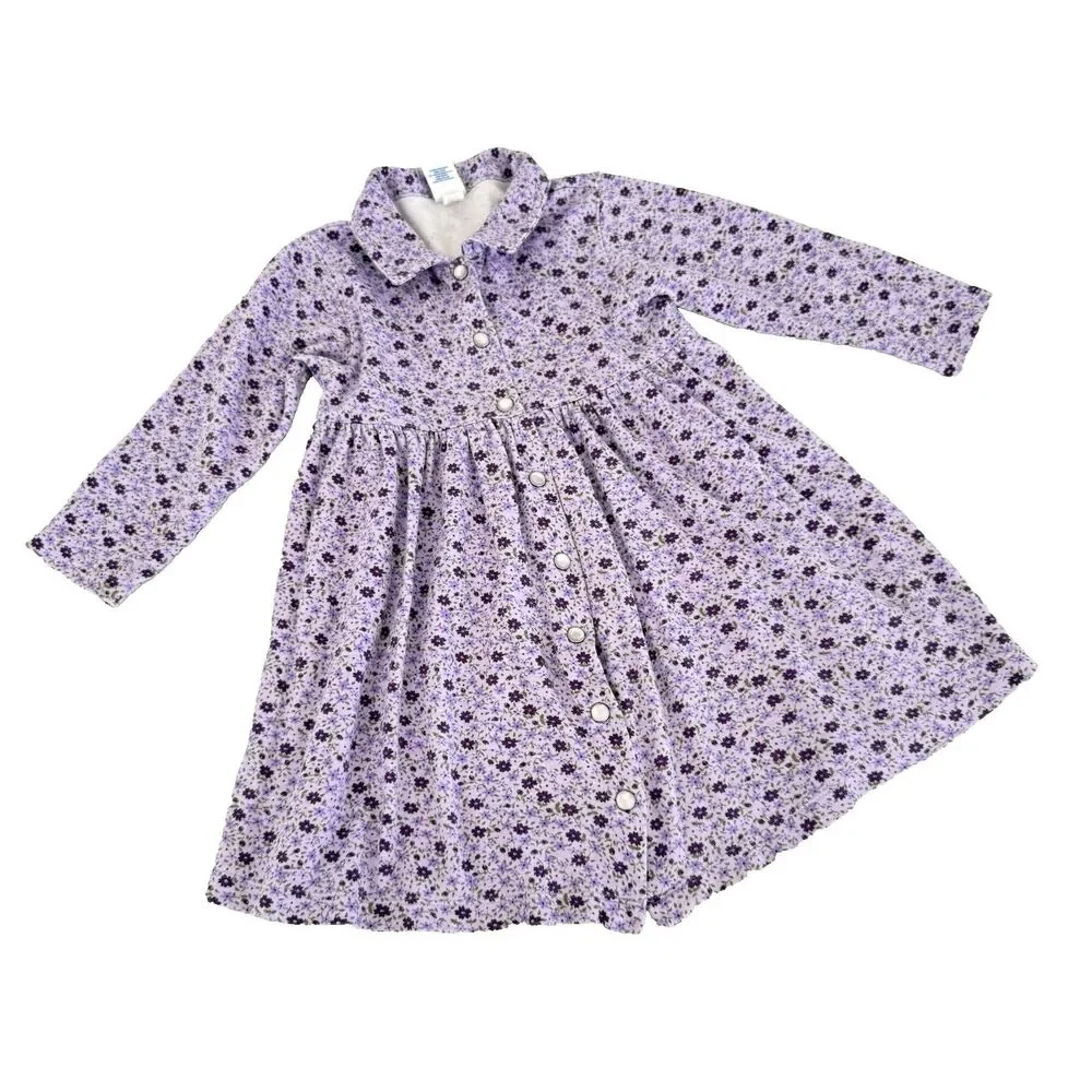 Vtg Y2K Old Navy 3T Floral Button Down Purple 100% Cotton Knit Dress Pearl Snaps